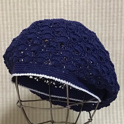 新色✨パープルネイビーのコットン🌿ヤーンで編んだレーシーな透かし模様のベレー帽
