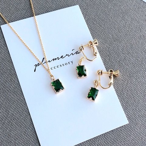 ＊ 人気 ＊ 上品 ＊ シンプル ネックレス & イヤリング or フックピアス セット アクセサリー / グリーン ・ 緑 スクエア 透明 フォーマル ビジュー / セット ハッピーバッグ