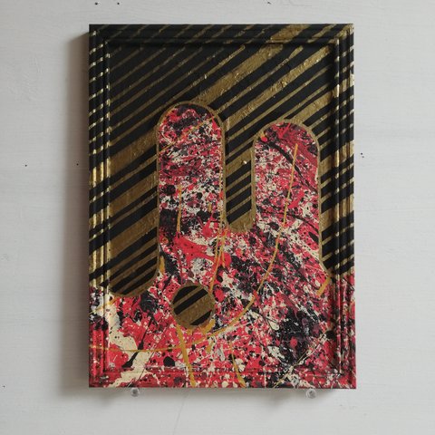 ●原画一点物●『抽象と幾何学/黒赤金/splatter&geometric abstract抽象画#10』インテリアアートパネル
