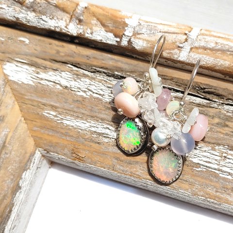 ❁Rainbow bouquet earrings All silver925❁宝石質エチオピアンオパール