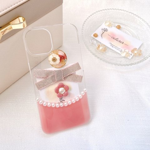 リボンとお花のPrettyスマホケース【ピンク】(オープン記念セール価格!)