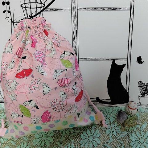 🌟半額SALE🌟【猫傘柄】巾着リュック（持ち手なし）☆洗濯可能☆