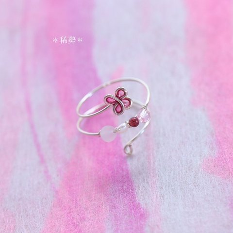 ＊.｡.:*･ﾟ 天然石 ワイヤー ring 指輪＊.:*･ﾟ ディップアート 花 ローズクォーツ ガーネット 淡水真珠 