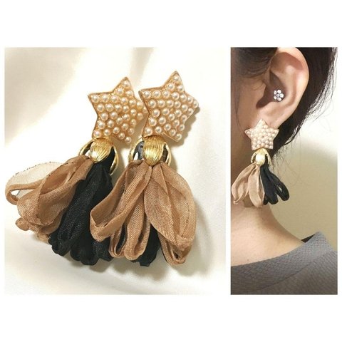 金アレ対応♡2way パール星&バイカラーシフォンタッセルピアス ステンレスポスト①