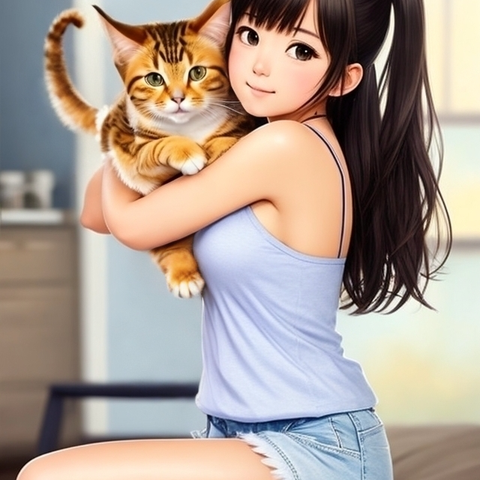 スマホ壁紙　猫と女の子