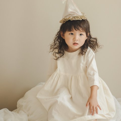 《80〜130cmオーダー可》生成りのナチュラルワンピース 女の子 おしゃれ かわいい 大人っぽい 子供服 無地