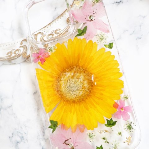 ガーベラ 押し花ケース 押し花iPhoneケース 押し花スマホケース