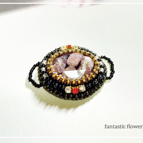 ビーズ刺繍 帯留め レジン カボション チェリクォーツ【fa2-0336】fantastic flowery