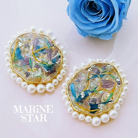 flower pearl frameピアス(BLUE)☆