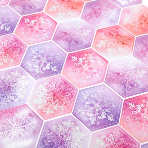 雪の結晶の六角形光沢紙シール ピンク～パープル40枚+α