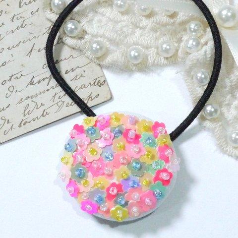 flower スパンコール ❀ 刺繍 ヘアゴム / くるみボタン