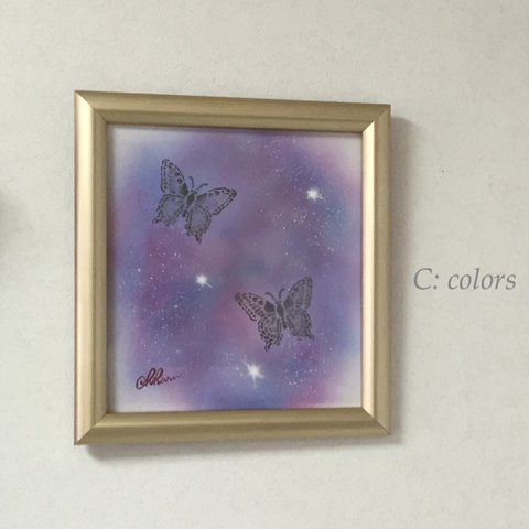  【送料無料】 夜空の蝶　手描きエアブラシアート　色紙
