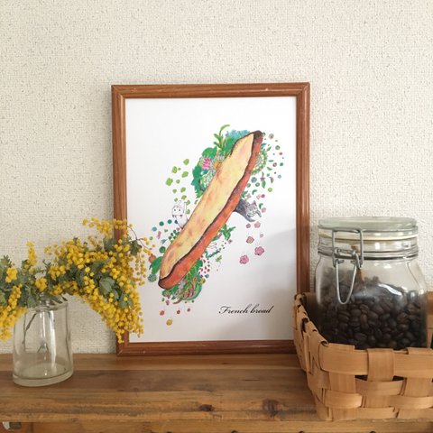 フランスパンと猫　アートポスター 　オリジナルイラスト　A4/B4/A3