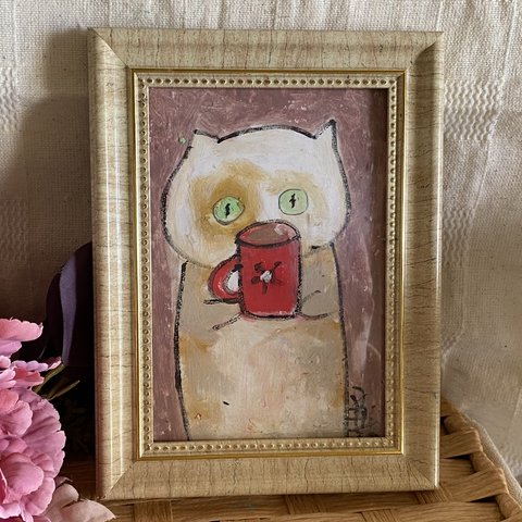 絵画。原画手描【かわいい猫ちゃんが好きな赤いマグカップを持っている】