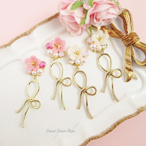 【再販】【2色】Flower Bijou & Ribbon　イヤリング ピアス ビジュー スワロフスキー 花 フラワー リボン パール 揺れる