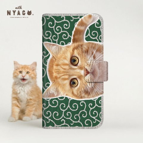  猫のスマホケース NYAGO 手帳型ケース 全機種対応［ 小粒ちゃん ごはんはまだかにゃ？ 唐草模様 和柄 ］ No.2S2759