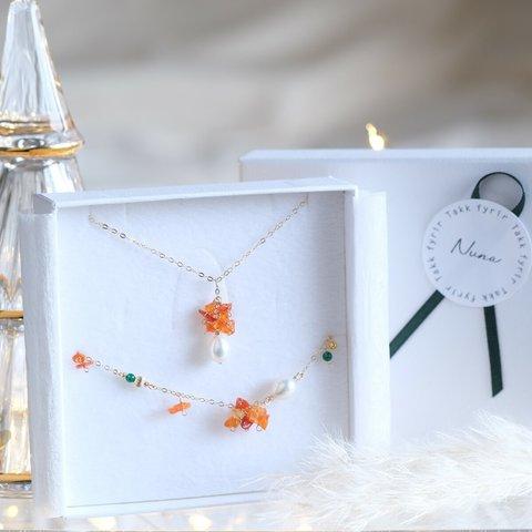 fire opal necklace＆bracelet set：ファイヤーオパール×淡水パールネックレス、チェーンブレスレットセット　天然石　オレンジ