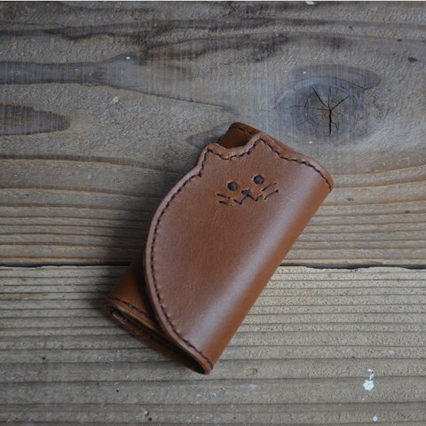 コゲちゃん　キーケース４連　スマートキー対応　栃木レザー　チョコ　手縫い　本革　皮　 Leather　猫