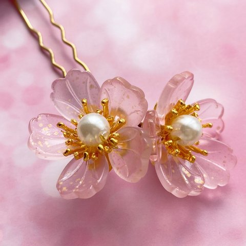 桜のかんざし 二輪桜のUピン簪 金箔風半透明ピンク色