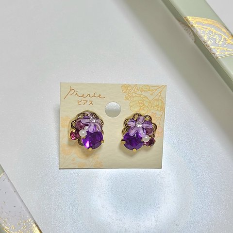 かわいい❀お花❀の推し色ピアス【紫/パープル/フラワー/花/ビジュー/パール/推し活/メンカラ】