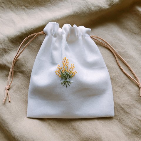 刺繍入り巾着袋【ミモザの花束】