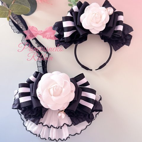 【再販💖】ペット用チョーカー&カチューシャセット🖤ブラックストライプ③🖤カメリア🎀robe🎀