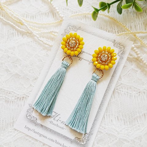 夏色イエロー×ミント♪カラフルビーズ刺繍×タッセル ピアス