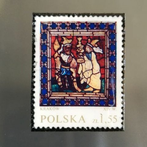クラクフのドミノ教会のステンドグラス・クリスマス切手ブローチ (ポーランド)