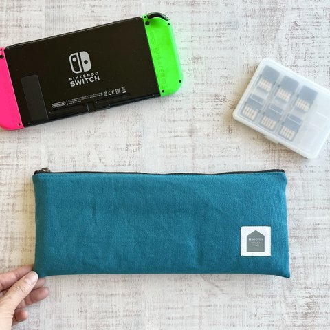 選べるタグ　誰でもswitch フラットポーチ　ターコイズブルー