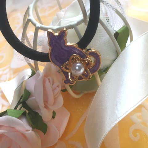 ヘアゴム ネコ 紫 お花
