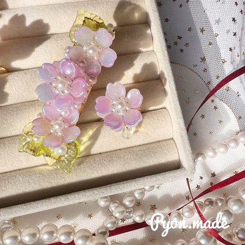 【パープル】桜ヘアクリップ＆リングセット