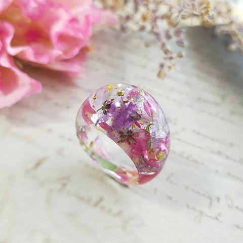 sample sale 〜油彩画のようなアンティークドロップリング〜　ドライフラワー　指輪　クリア　レジン　プレゼント　ドライフラワー　花　春夏秋冬