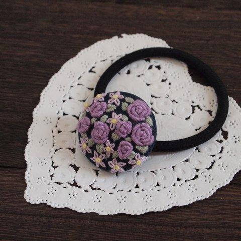 刺繍ヘアゴム 紫のバラと小花