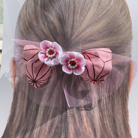 お花と麻の葉リボンピンクの髪飾り