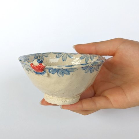 ご飯茶碗　菊と唐子　手びねり　オリジナル陶器