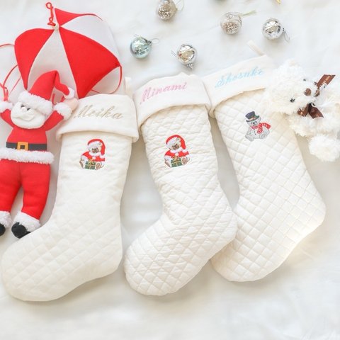 【お名前刺繍】くまさん柄が可愛い　名入れ　クリスマスソックス　靴下　ストッキング　オーナメント　サンタ　スノーマン　くま　クリスマスプレゼント