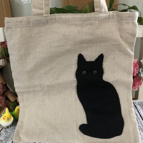 ハンドメイド　トートバッグ　猫　ネコ　ナチュラル　黒猫　黒ネコ