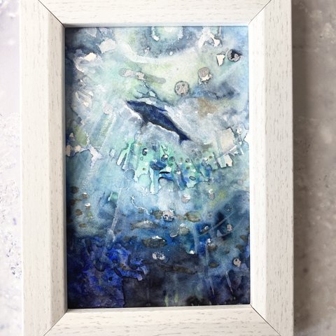 海　原画　オリジナル　月　青　魚