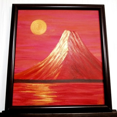 完売　風水開運絵画「霊峰  赤富士」 日本画　立体  日本 富士山　赤富士　日の出