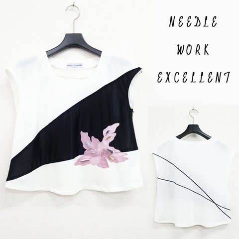 【NEEDLE WORK EXCELLENT】フレンチスリーブＴブラウス　斜め　生成×黒×ピンク