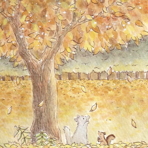 落ち葉が舞う公園で【灰色の猫とリス】