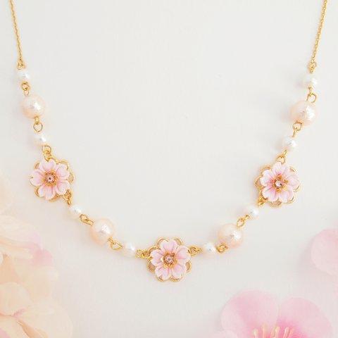 桜とコットンパールのネックレス -花の宴-　∗つまみ細工∗