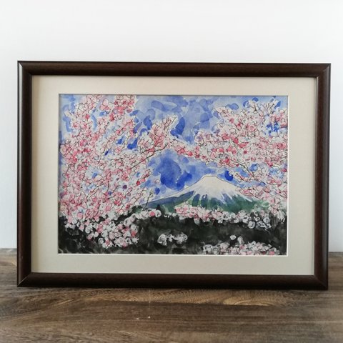 原画「富士山と桜　」　A4　原画　　水彩画工房