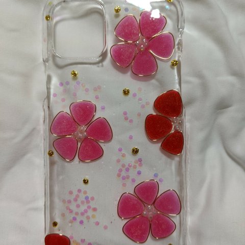 ピンク花涼　レジン　スマホケース　