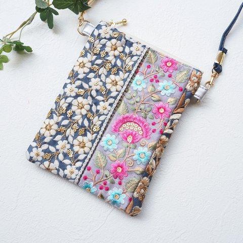 【限定１点】インドリボンのミニバッグ（カンタキルト/インド刺繍/スマホショルダー）