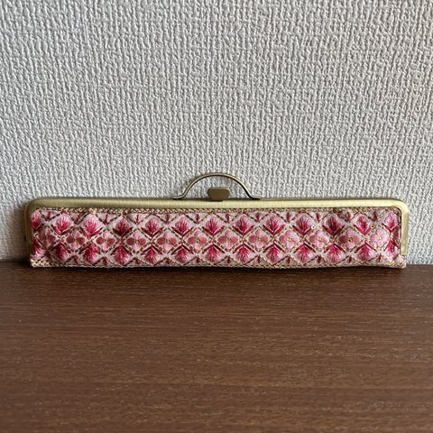 がま口扇子入れ　インド刺繍リボン　ピンク【G-5】