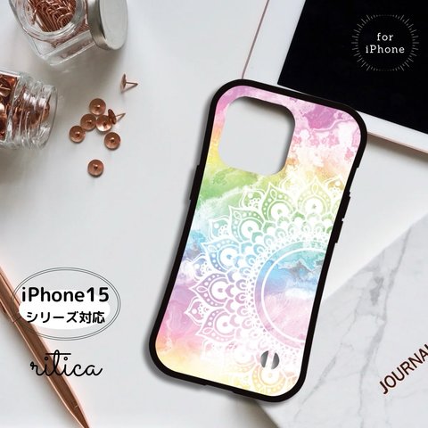 【iPhoneケース】耐衝撃スマホケース✳︎パステルなマルチカラー・マンダラアート柄　pastel stone