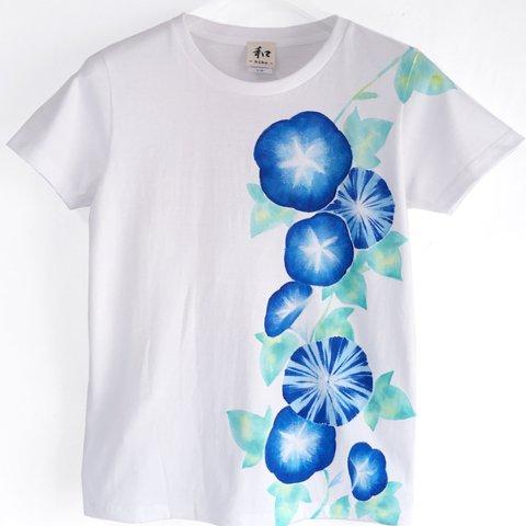 アサガオ柄手描きTシャツ ホワイト 手描きで描いた朝顔の花柄Tシャツ。