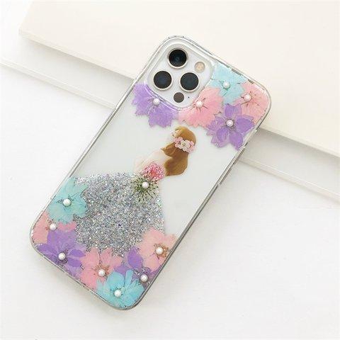 お花をドレス！押し花スマホケース イニシャル入れ iPhoneケース iPhone14Pro 