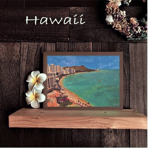 【送料無料】ハワイの風景☆Waikiki  Beach   No.130 フレーム付  A4サイズ